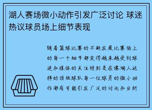 湖人赛场微小动作引发广泛讨论 球迷热议球员场上细节表现