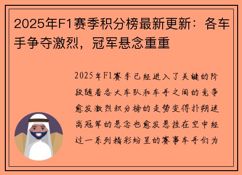 2025年F1赛季积分榜最新更新：各车手争夺激烈，冠军悬念重重
