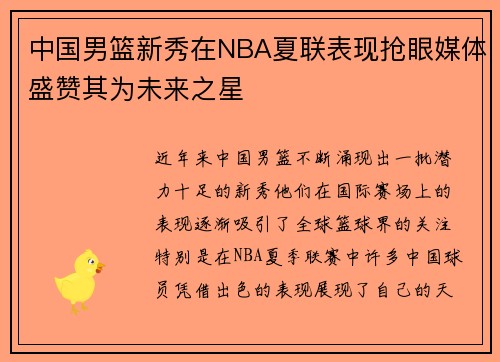 中国男篮新秀在NBA夏联表现抢眼媒体盛赞其为未来之星