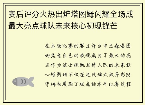赛后评分火热出炉塔图姆闪耀全场成最大亮点球队未来核心初现锋芒